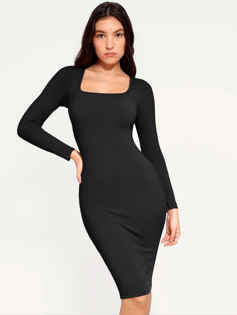 Popilush Shapewear Long Sleeve Square Neck Modal Slimming Midi Dress New Medium